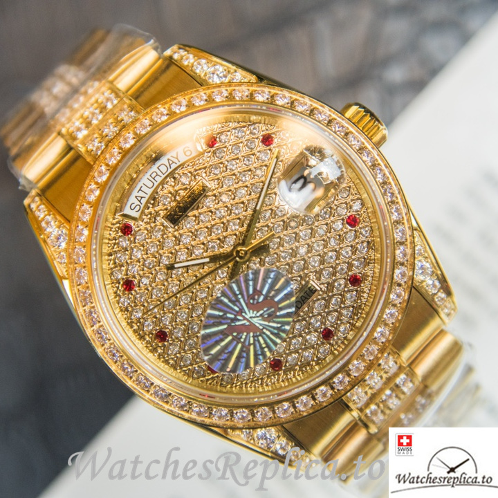 Swiss Rolex Day Date Replica Yellow Gold strap 40MM - WatchesReplica.is