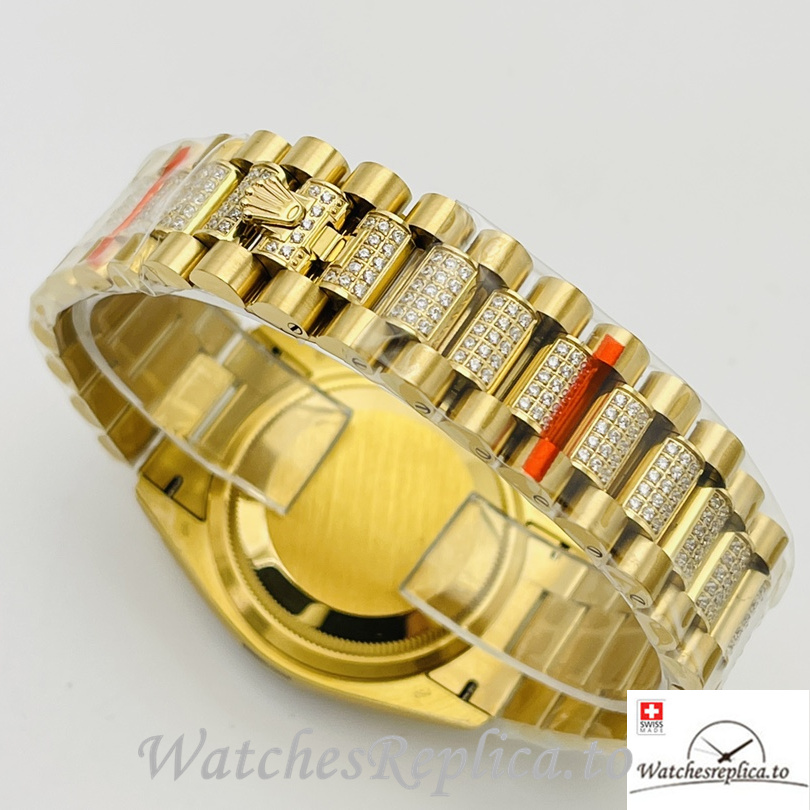 Swiss Rolex Day Date Replica Yellow Gold and Diamonds strap 36MM Diamonds Dial - WatchesReplica.is