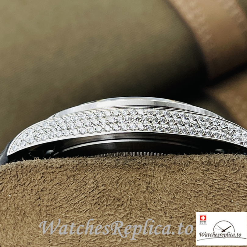 Swiss Rolex Datejust Replica Black Leather strap 40MM Diamonds Dial - WatchesReplica.is
