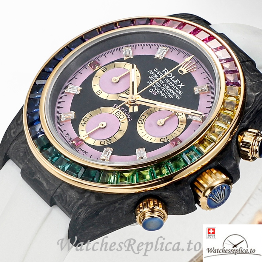 Swiss Rolex Daytona Replica White Rubber strap 40MM Pink Dial - WatchesReplica.is