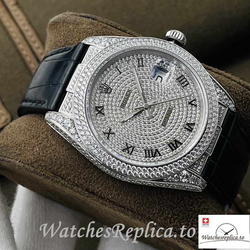 Swiss Rolex Datejust Replica Black Leather strap 40MM Diamonds Dial - WatchesReplica.is