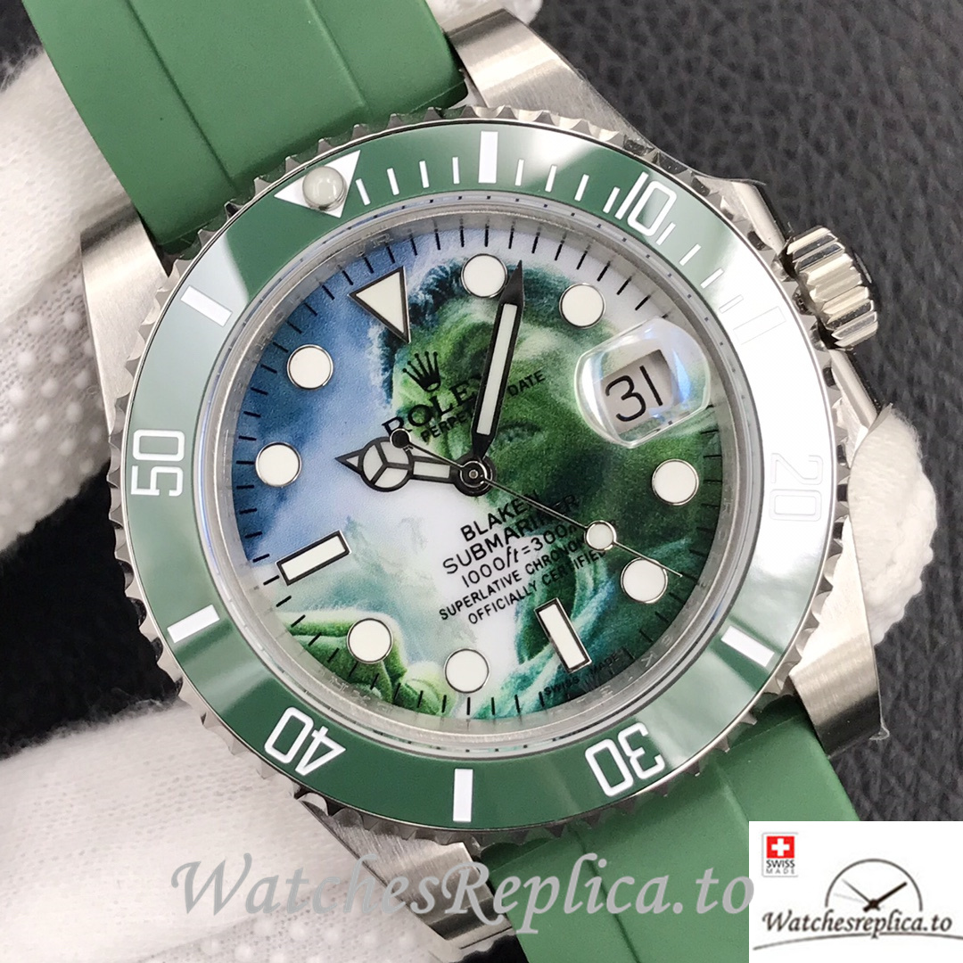 Swiss Rolex Submariner Replica Green Rubber strap 40MM Green Dial Hulk - WatchesReplica.is