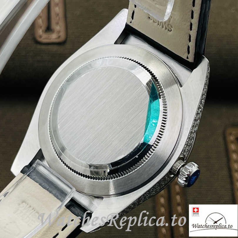 Swiss Rolex Datejust Replica Black Leather strap 40MM Diamonds Dial - WatchesReplica.is