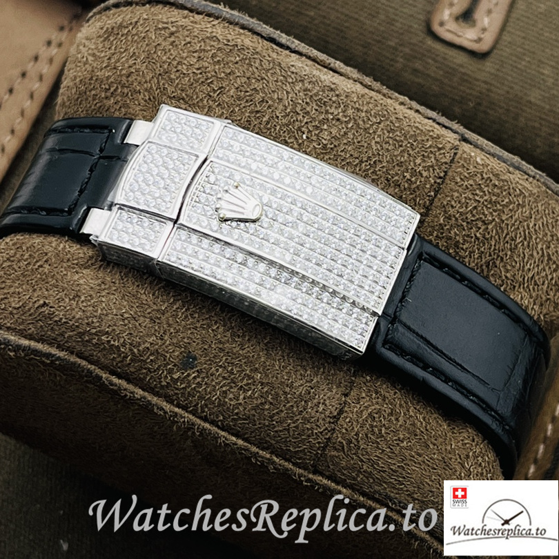 Swiss Rolex Datejust Replica Black Leather strap 40MM Diamonds Dial - WatchesReplica.is