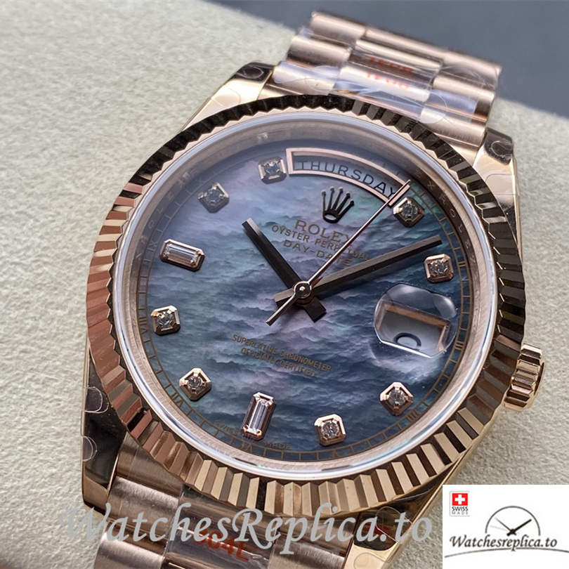 Swiss Rolex Day Date Replica Rose Gold strap 40MM Blue Dial - WatchesReplica.is