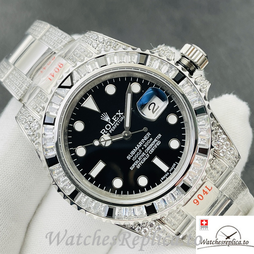 Swiss Rolex Submariner Replica Stainless steel strap 40MM Black Dial Diamonds Band - WatchesReplica.is