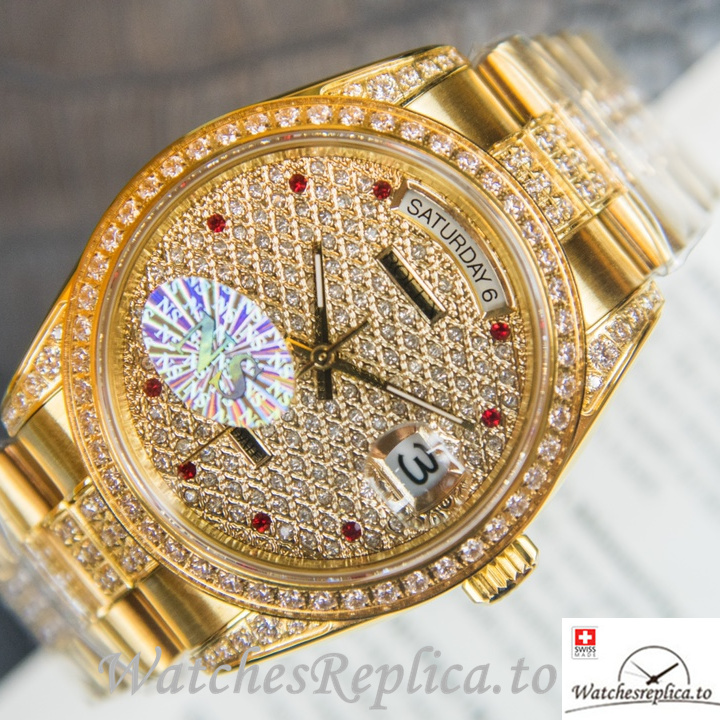 Swiss Rolex Day Date Replica Yellow Gold strap 40MM - WatchesReplica.is