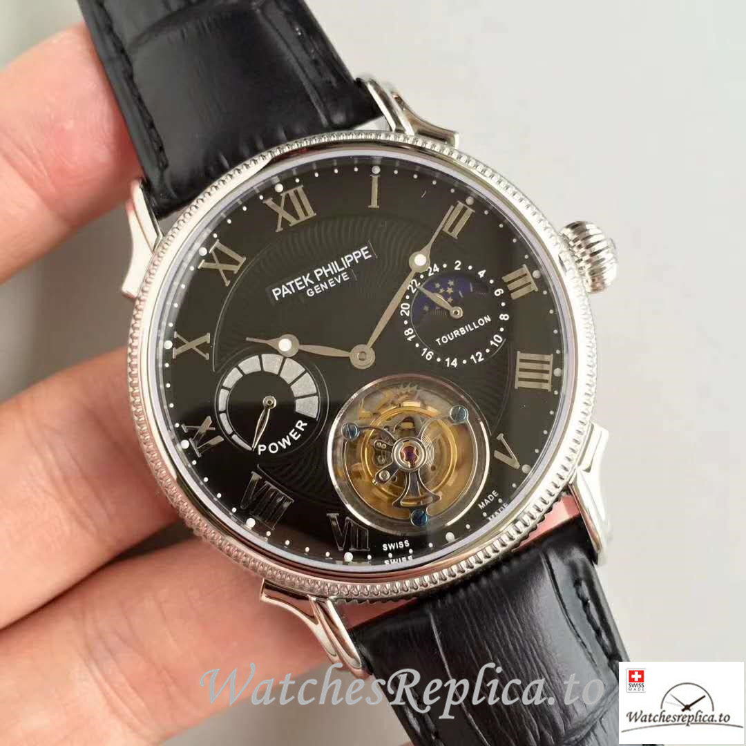 Swiss Patek Philippe Tourbillon Moonphase Replica Black Strap 42MM - WatchesReplica.is