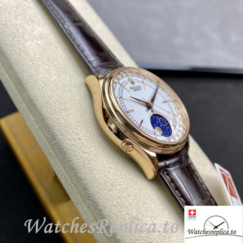 Swiss Rolex Cellini Replica Brown Leather strap 39MM Black Dial Yellow Gold Case - WatchesReplica.is