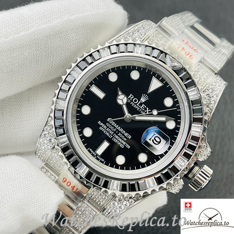 Swiss Rolex Submariner Replica Stainless steel strap 40MM Black Dial Diamonds - WatchesReplica.is
