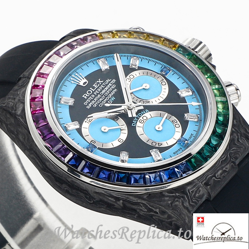 Swiss Rolex Daytona Replica Black Rubber strap 40MM Blue Dial - WatchesReplica.is