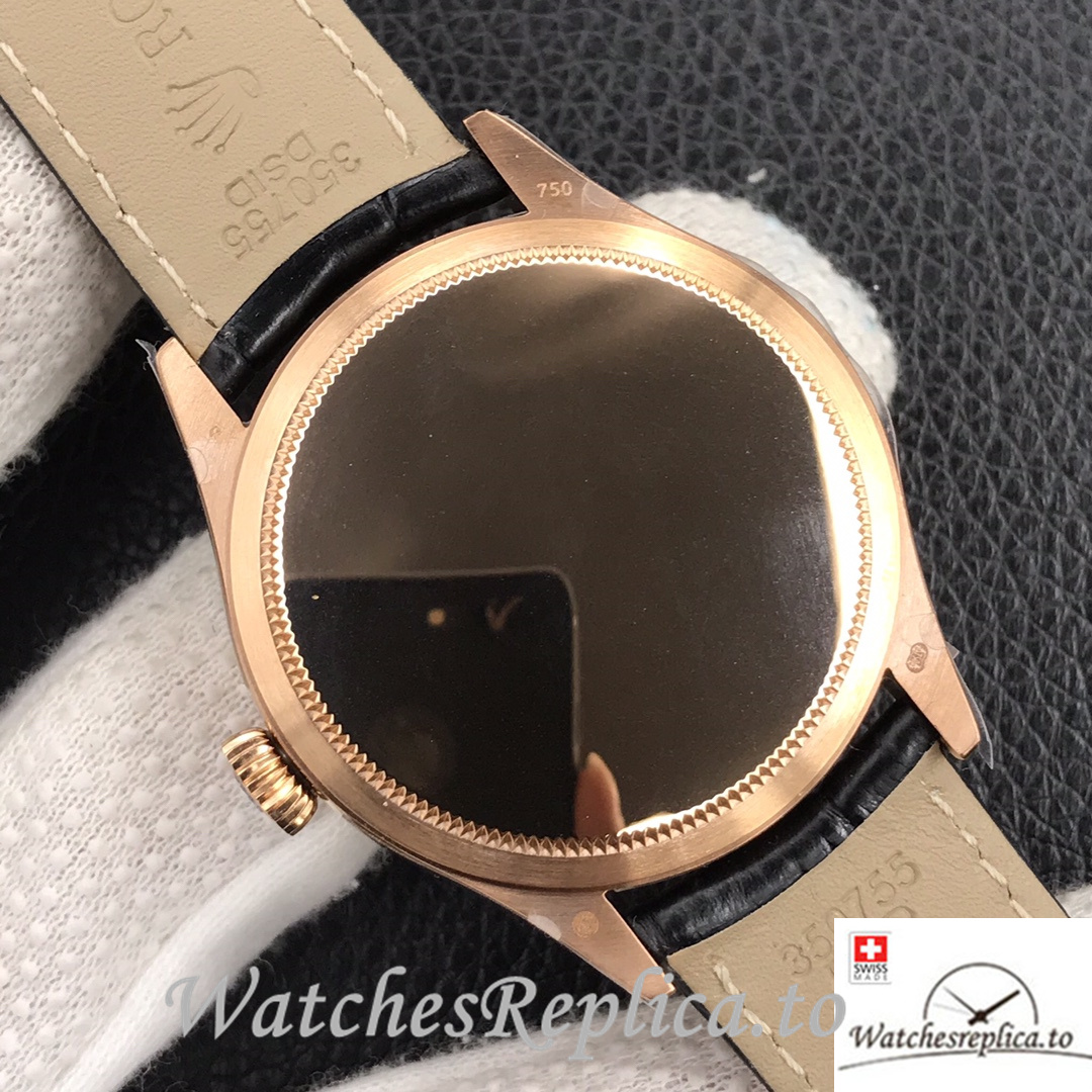 Swiss Rolex Cellini Replica Black Leather strap 39MM Silver Dial Rose Gold - WatchesReplica.is
