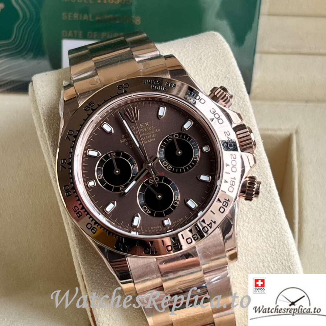 Swiss Rolex Daytona Replica Rose Gold strap 40MM Brown Dial Sticks Marks - WatchesReplica.is