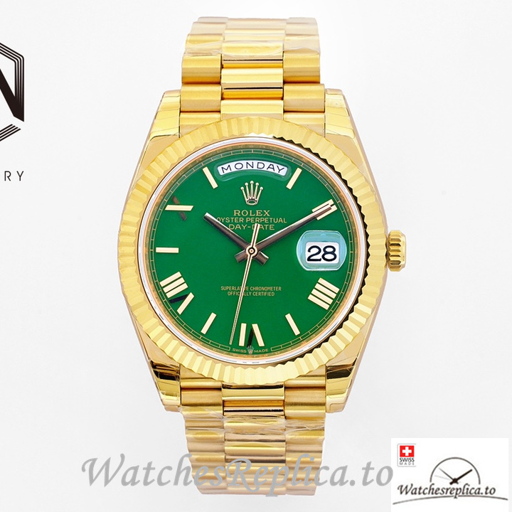 Swiss Rolex Day Date Replica Yellow Gold strap 40MM Green Dial - WatchesReplica.is
