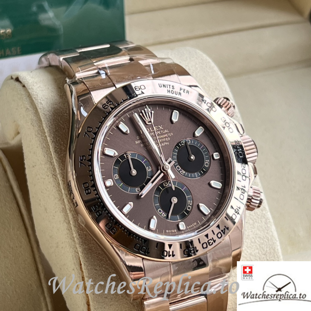 Swiss Rolex Daytona Replica Rose Gold strap 40MM Brown Dial Sticks Marks - WatchesReplica.is