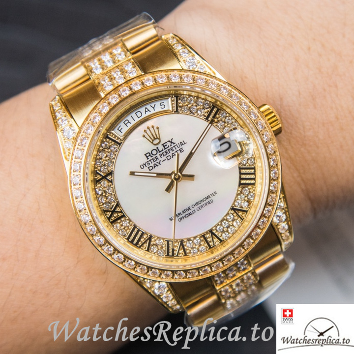 Swiss Rolex Day Date Replica Yellow Gold strap 40MM - WatchesReplica.is