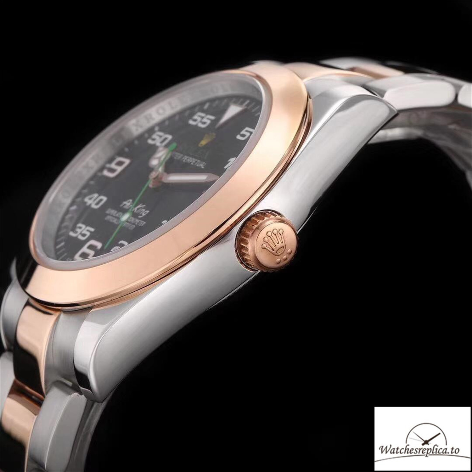 Swiss Rolex Air King Replica 116900 Rose Gold Bezel Black Dial 40MM - WatchesReplica.is