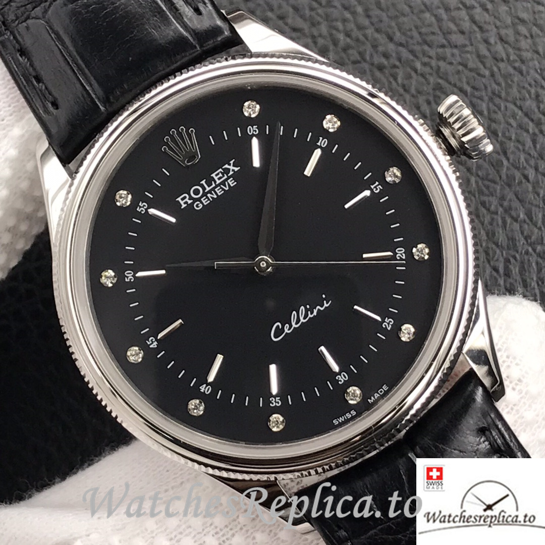 Swiss Rolex Cellini Replica Black Leather strap 39MM Black Dial - WatchesReplica.is