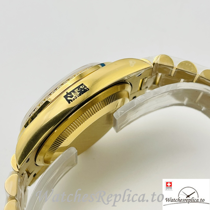 Swiss Rolex Day Date Replica Yellow Gold and Diamonds strap 36MM Diamonds Dial - WatchesReplica.is
