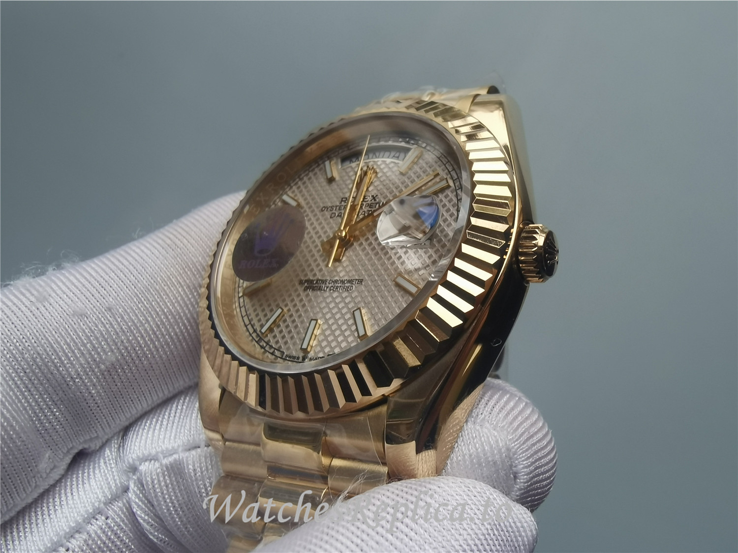 Swiss Rolex Day Date Replica 228238 Yellow Gold Bezel 40MM - WatchesReplica.is