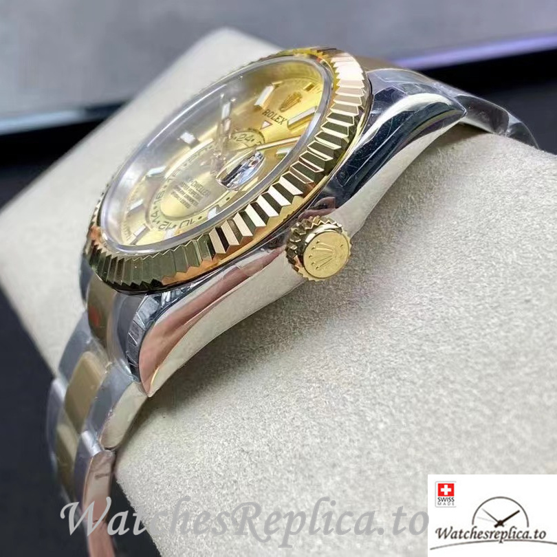 Swiss Rolex Sky Dweller Replica Stainless steel strap 42MM Gold Dial - WatchesReplica.is