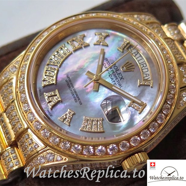 Swiss Rolex Day Date Replica Yellow Gold strap 40MM - WatchesReplica.is