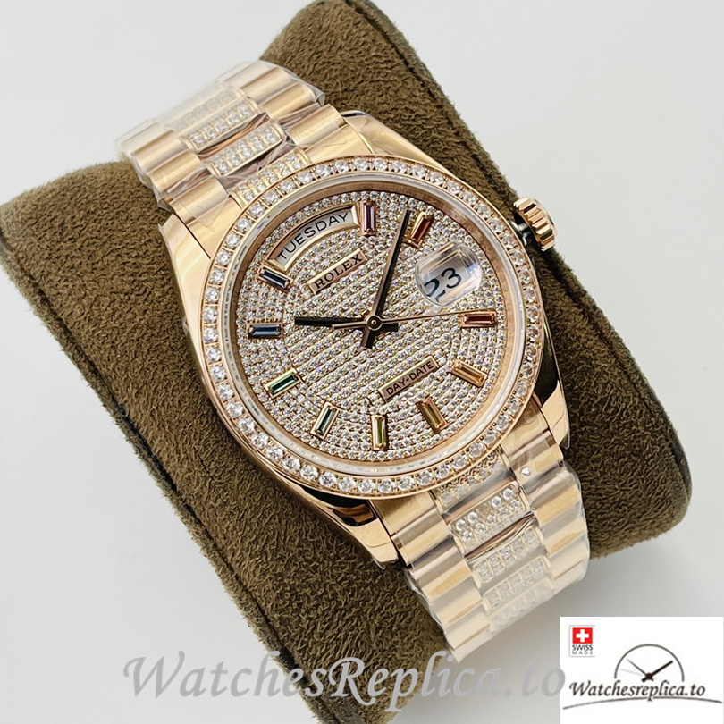 Swiss Rolex Day Date Replica Rose Gold and Diamonds strap 36MM Diamonds Dial - WatchesReplica.is