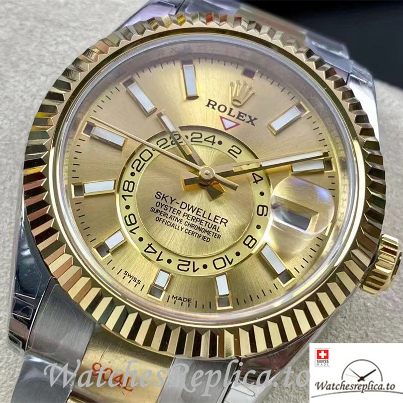 Swiss Rolex Sky Dweller Replica Stainless steel strap 42MM Gold Dial - WatchesReplica.is