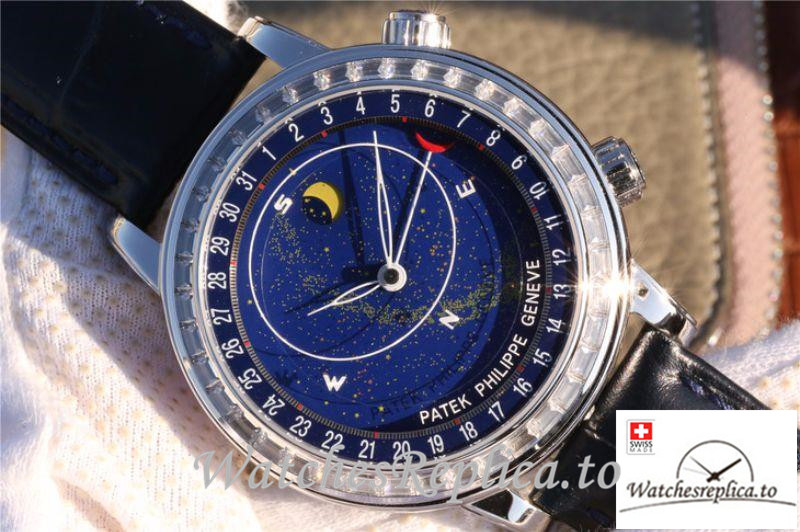 Swiss Patek Philippe Grand Complications Sky Moon Celestial Replica 6102P-001 Black Strap 43MM - WatchesReplica.is