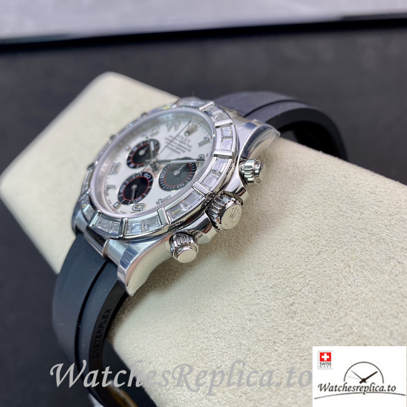 Swiss Rolex Daytona Replica Rubber strap 40MM White Dial Diamonds - WatchesReplica.is