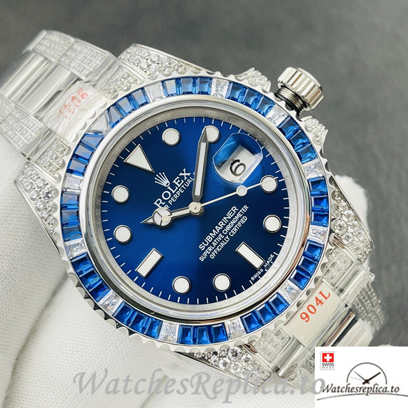 Swiss Rolex Submariner Replica Stainless steel strap 40MM Blue Dial Diamonds - WatchesReplica.is