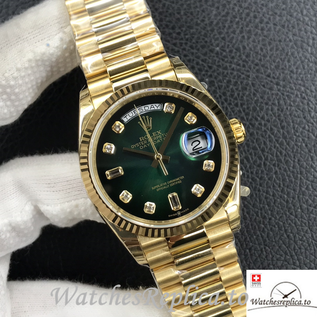 Swiss Rolex Day Date Replica 128238 Yellow Gold strap 36MM Green Dial - WatchesReplica.is