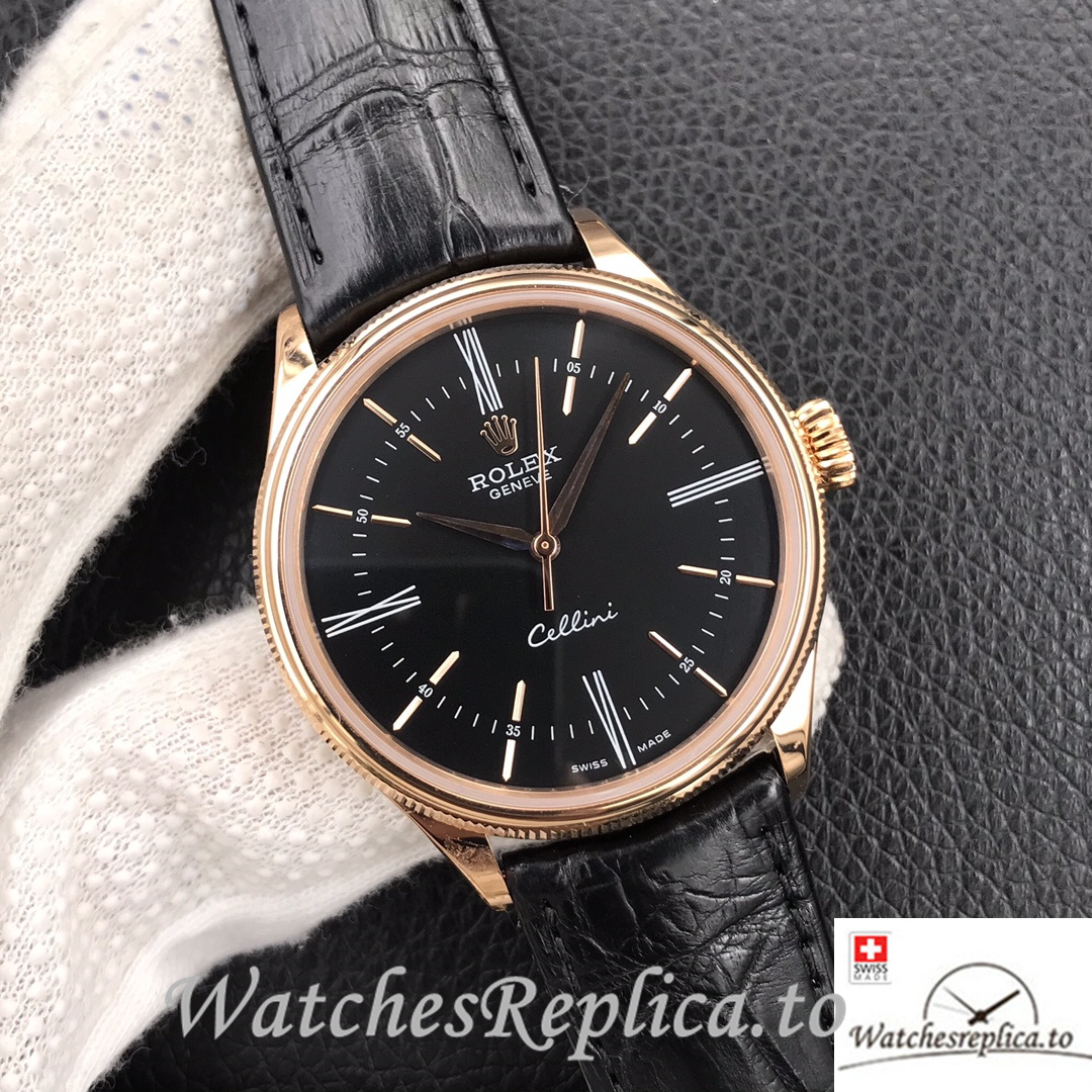Swiss Rolex Cellini Replica Black Leather strap 39MM Rose Gold Black Dial - WatchesReplica.is