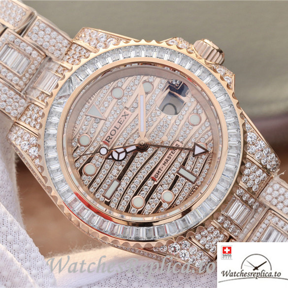 Swiss Rolex GMT-Master Replica 116769TBR-74779B Rose Gold and Diamonds strap 40MM - WatchesReplica.is