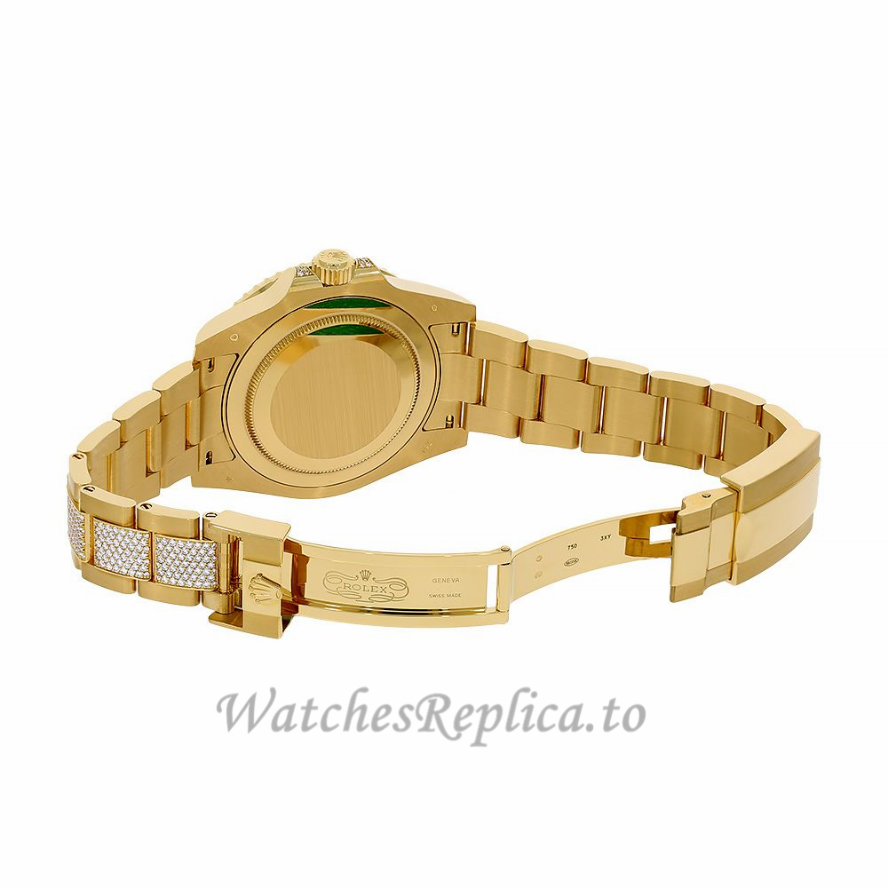 Rolex Replica GMT-Master IIPepsi Yellow Gold Diamond Bracelet 40MM Watch 116758SARU - WatchesReplica.is