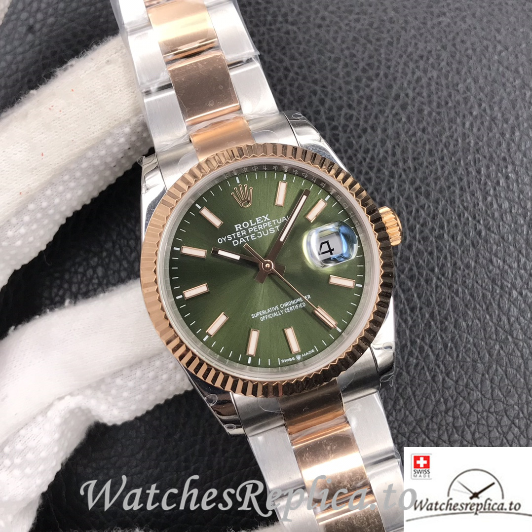 Swiss Rolex Datejust Replica Stainless steel strap 36MM Rose Gold Green Dial Sticks Marks - WatchesReplica.is