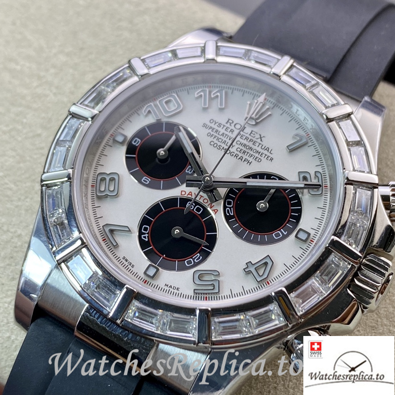 Swiss Rolex Daytona Replica Rubber strap 40MM White Dial Diamonds - WatchesReplica.is