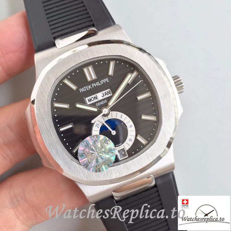 Swiss Patek Philippe Nautilus Annual Calendar Moonphas Replica 5726A Black Strap 40.5MM - WatchesReplica.is