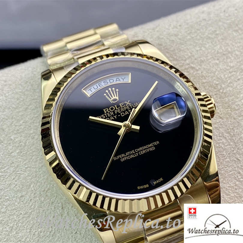 Swiss Rolex Day Date Replica Yellow Gold strap 36MM Black Dial - WatchesReplica.is