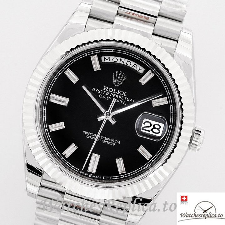 Swiss Rolex Day Date Replica Stainless steel strap 40MM Black Dial Diamonds Marks - WatchesReplica.is