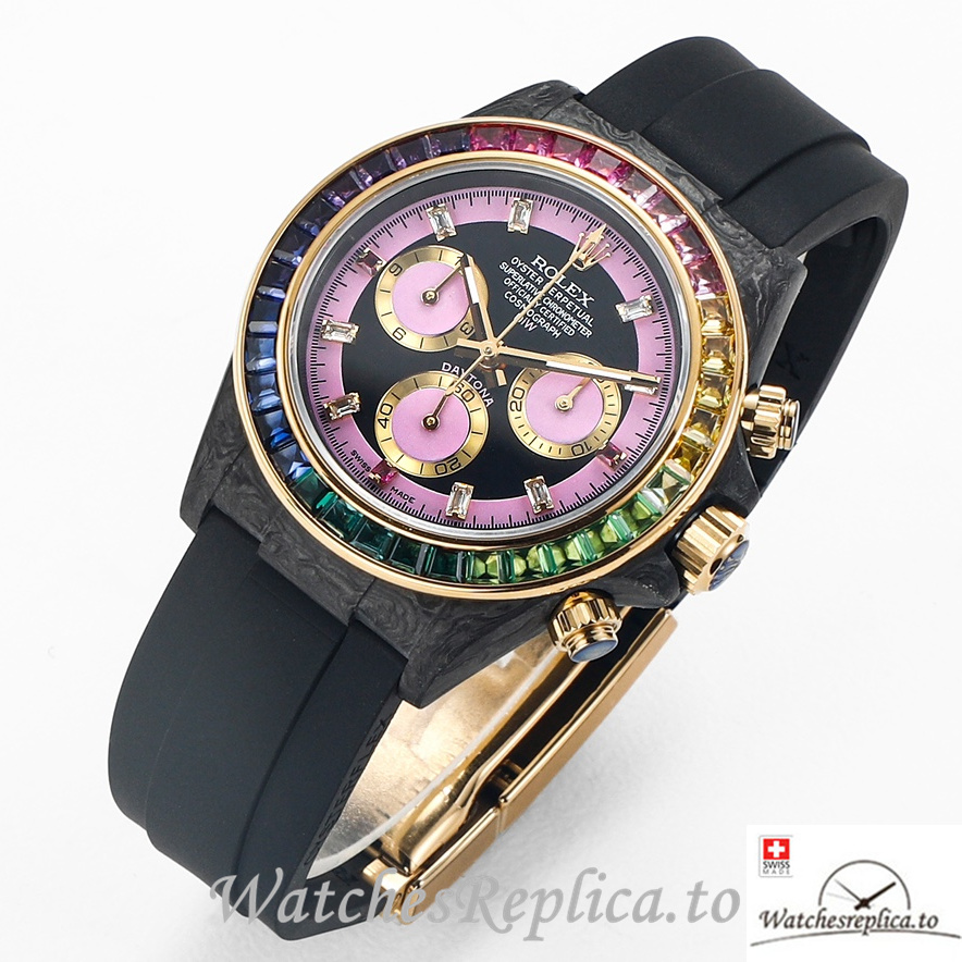 Swiss Rolex Daytona Replica Black Rubber strap 40MM Pink Dial - WatchesReplica.is