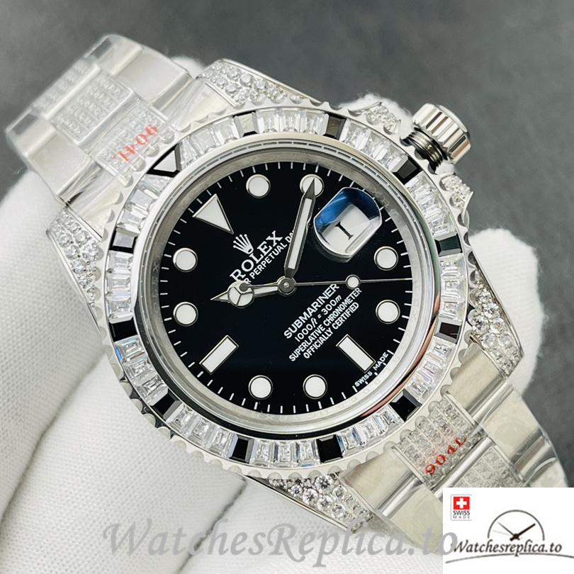 Swiss Rolex Submariner Replica Stainless steel strap 40MM Black Dial Diamonds Case - WatchesReplica.is