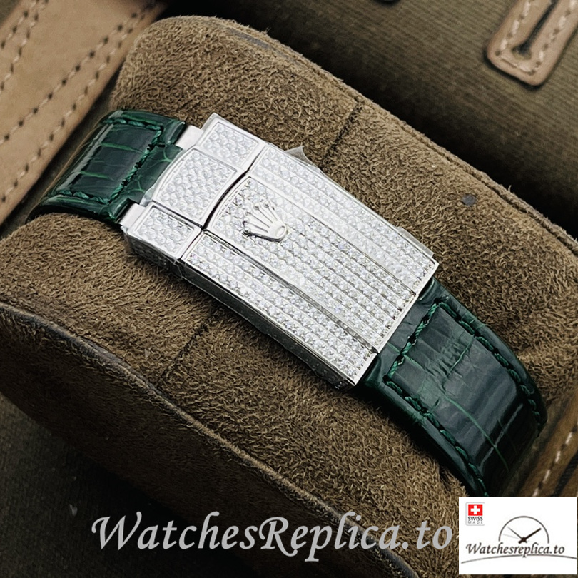 Swiss Rolex Datejust Replica Black Leather strap 40MM Diamonds Dial Green - WatchesReplica.is