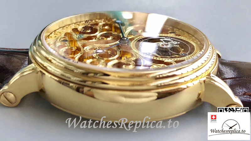 Swiss Patek Philippe Tourbillon Replica Yellow Gold Bezel 42MM - WatchesReplica.is