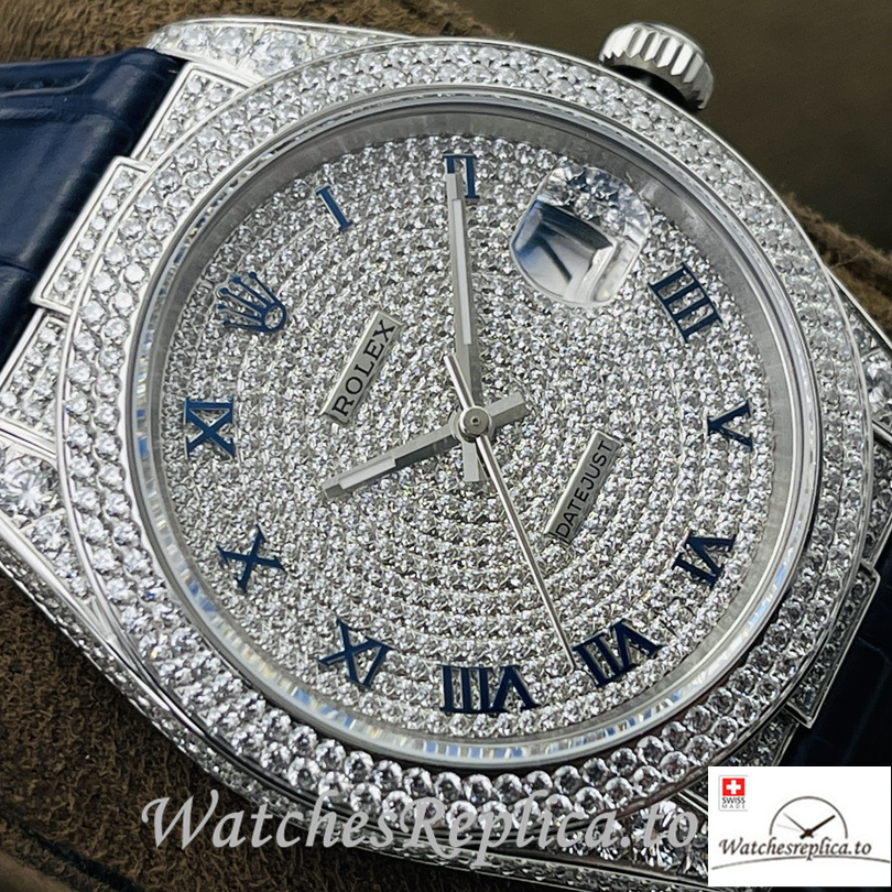 Swiss Rolex Datejust Replica Blue Leather strap 40MM Diamonds Dial - WatchesReplica.is