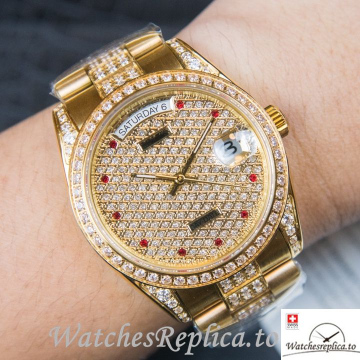 Swiss Rolex Day Date Replica Yellow Gold strap 40MM - WatchesReplica.is