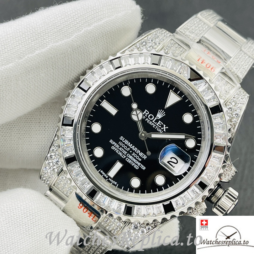 Swiss Rolex Submariner Replica Stainless steel strap 40MM Black Dial Diamonds Band - WatchesReplica.is