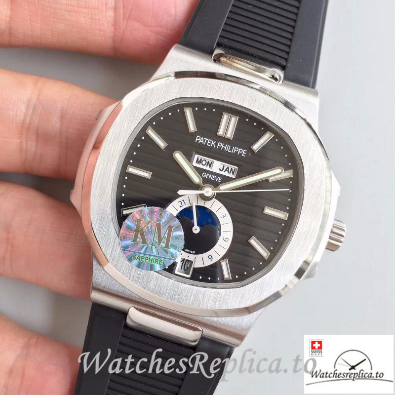 Swiss Patek Philippe Nautilus Annual Calendar Moonphas Replica 5726A Black Strap 40.5MM - WatchesReplica.is