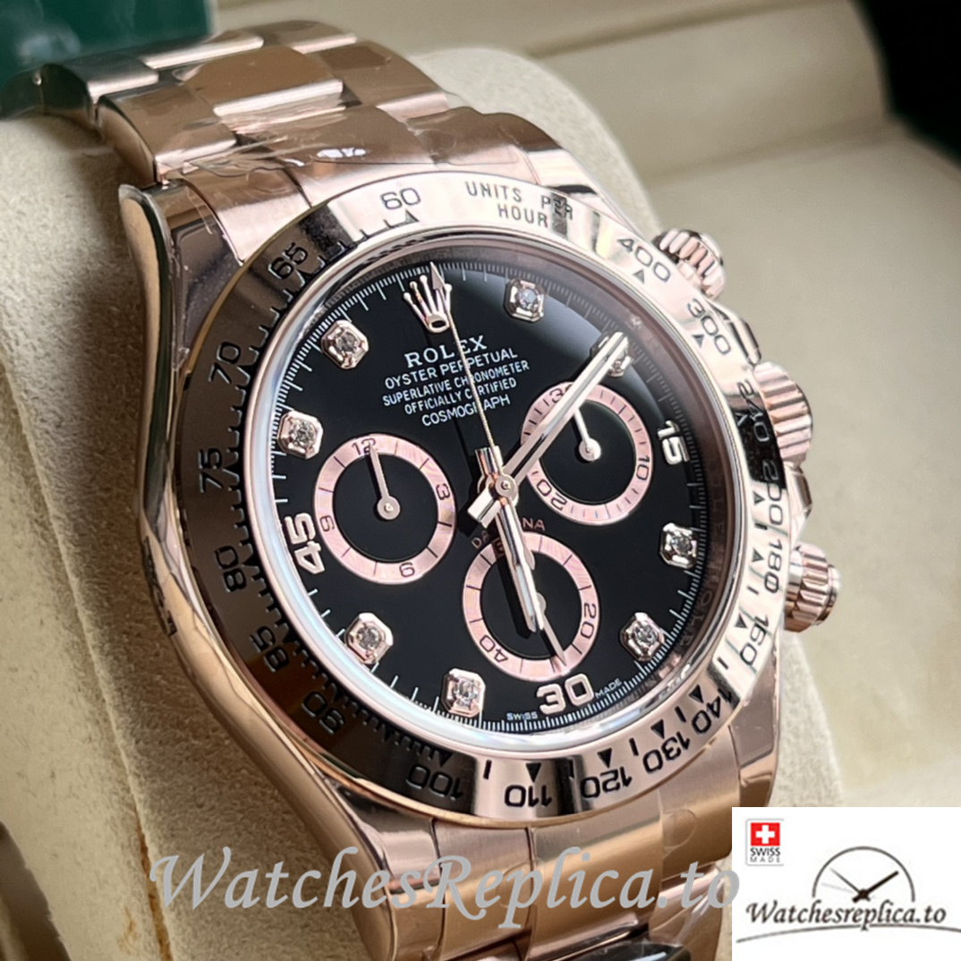 Swiss Rolex Daytona Replica Rose Gold strap 40MM Black Dial Diamonds Marks - WatchesReplica.is