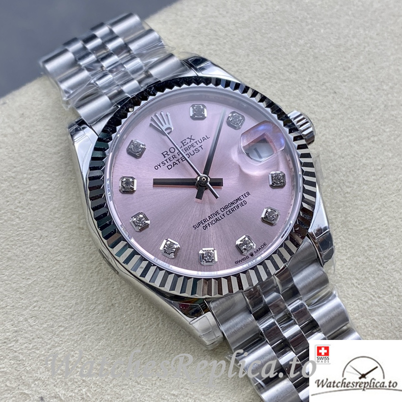 Swiss Rolex Datejust Replica Stainless steel strap 31MM Pink Dial Diamonds Marks - WatchesReplica.is